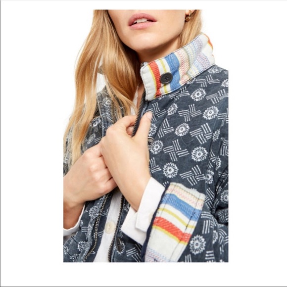NWT free people | Mackenzie Bomber Jacket Large Indigo Combo Boho Pattern - Picture 5 of 8